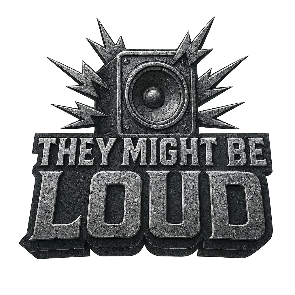 They might be Loud Logo Logo They might be Loud: Lautsprecher mit Blitzen auf dem Schriftzug mit dem Bandnamen in Metalloptik